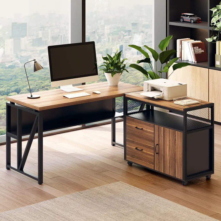 Fashion Tribesigns 55" / 63" L-Shaped Executive Desk with Storage Shelves and Mobile File Cabinet