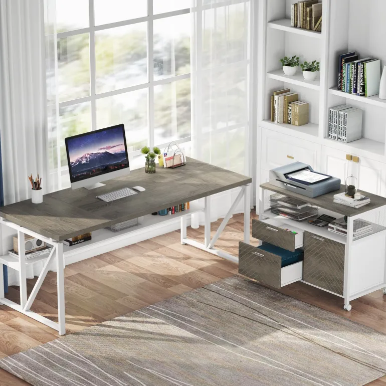 Fashion Tribesigns 55" / 63" L-Shaped Executive Desk with Storage Shelves and Mobile File Cabinet