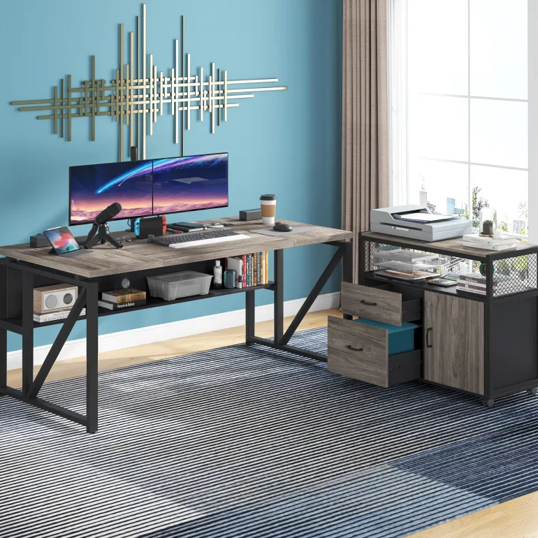 Fashion Tribesigns 55" / 63" L-Shaped Executive Desk with Storage Shelves and Mobile File Cabinet
