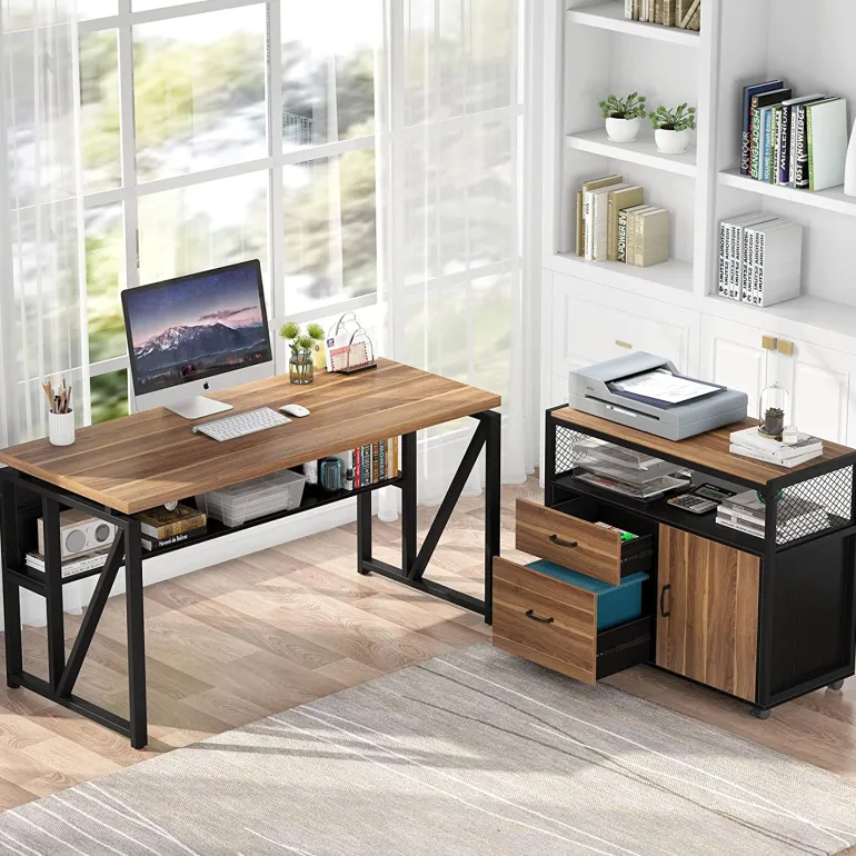 Fashion Tribesigns 55" / 63" L-Shaped Executive Desk with Storage Shelves and Mobile File Cabinet