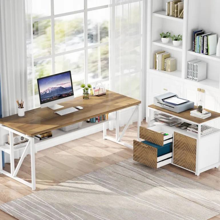 Fashion Tribesigns 55" / 63" L-Shaped Executive Desk with Storage Shelves and Mobile File Cabinet