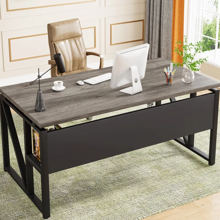 Hot Tribesigns 55" /63" Computer Desk Writing Table with Bottom Storage Shelf
