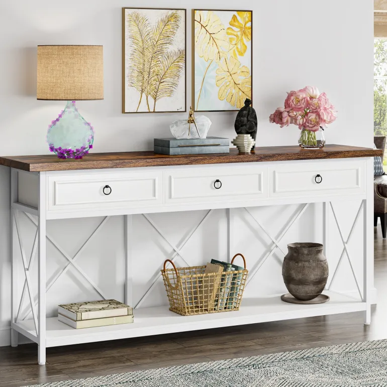 Sale Tribesigns 3 - Drawer Console Table, 70.8" Sofa Foyer Table with Storage Shelf