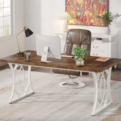 Fashion Tribesigns 63 - Inch Executive Desk, Industrial Computer Desk with Wooden Tabletop