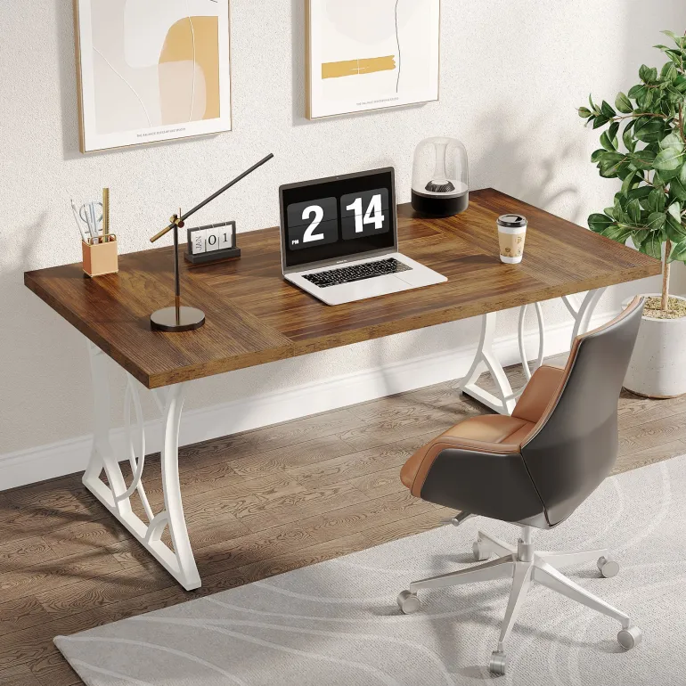Fashion Tribesigns 63 - Inch Executive Desk, Industrial Computer Desk with Wooden Tabletop