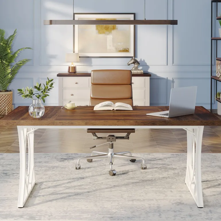 Fashion Tribesigns 63 - Inch Executive Desk, Industrial Computer Desk with Wooden Tabletop