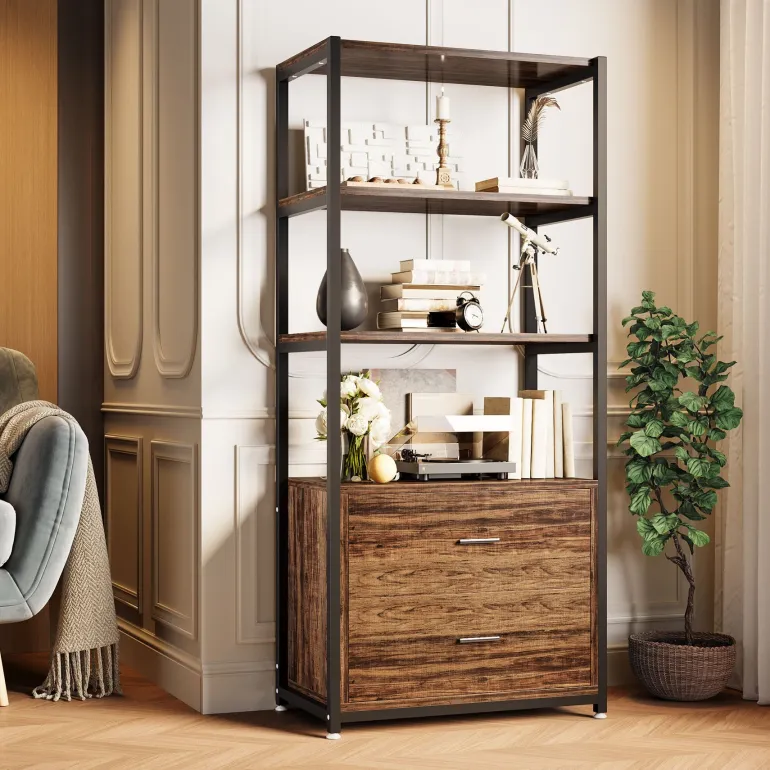 Cheap Tribesigns 4 - Tier Bookshelf Etagere Display Bookcase with 2 Drawers