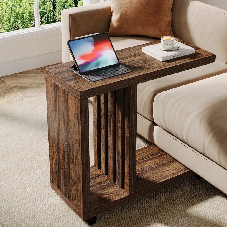 Shop Tribesigns 2 - Tier End Table, C - Shaped Wood Side Table with Lockable Wheels