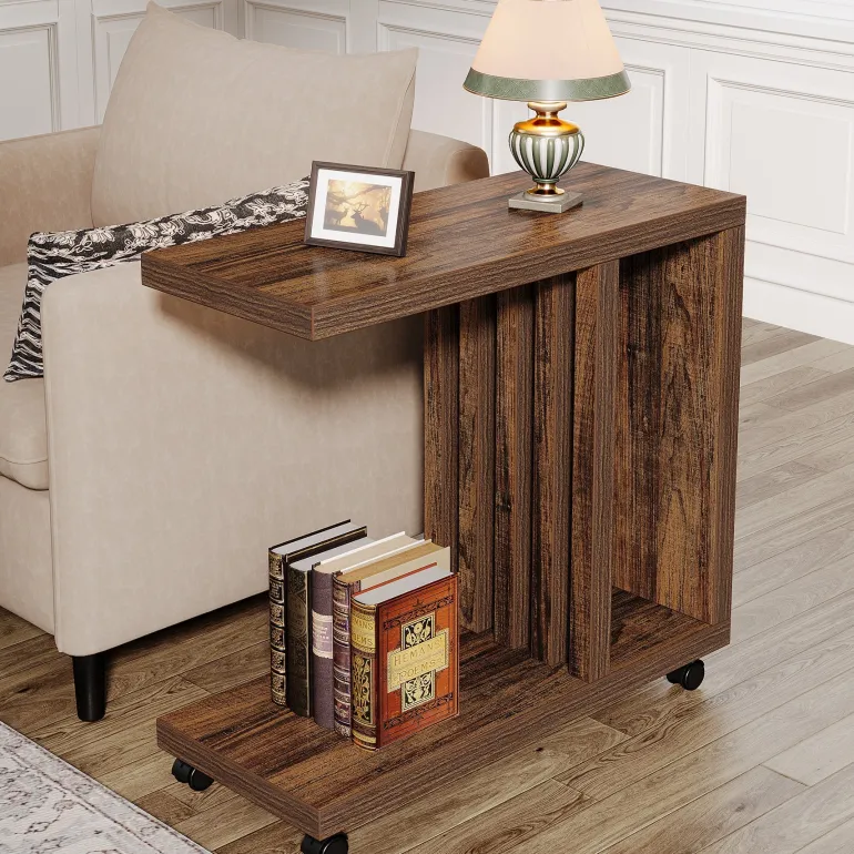 Shop Tribesigns 2 - Tier End Table, C - Shaped Wood Side Table with Lockable Wheels