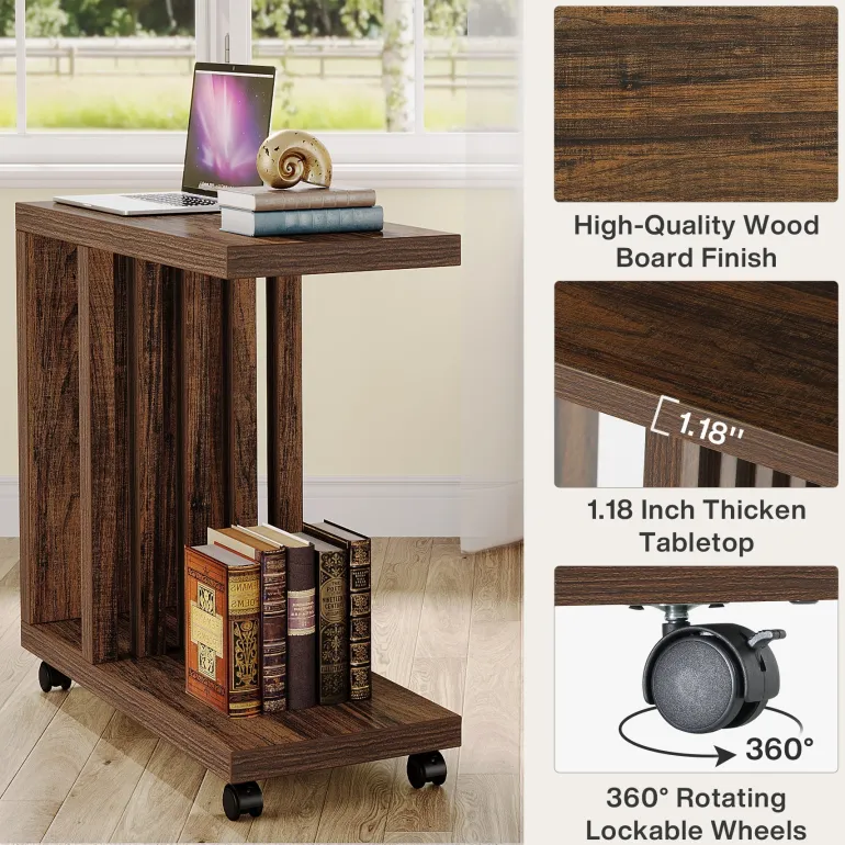 Shop Tribesigns 2 - Tier End Table, C - Shaped Wood Side Table with Lockable Wheels