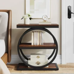 Best Tribesigns 3 - Tier End Table, Industrial Sofa Side Table with Round Metal Frame