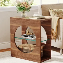 Store Tribesigns 3 - Tier End Table, Modern Side Table with Adjustable Glass Storage Shelf