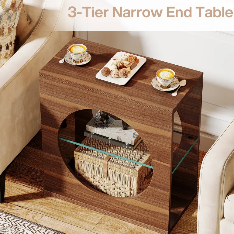 Store Tribesigns 3 - Tier End Table, Modern Side Table with Adjustable Glass Storage Shelf