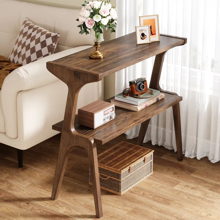 Store Tribesigns 2 - Tier End Table, Slim Sofa Side Table with Storage Shelf