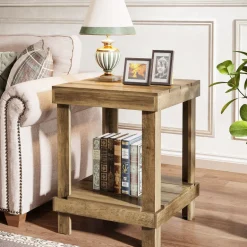 Best Tribesigns 2 - Tier End Table, Square Side Table Nightstand with 2 Storage Shelves