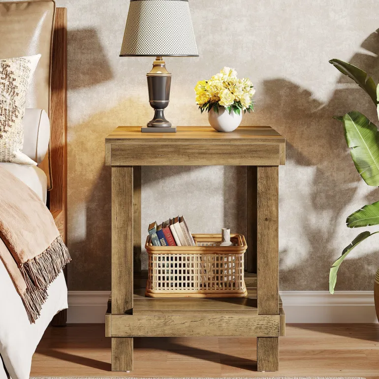 Best Tribesigns 2 - Tier End Table, Square Side Table Nightstand with 2 Storage Shelves