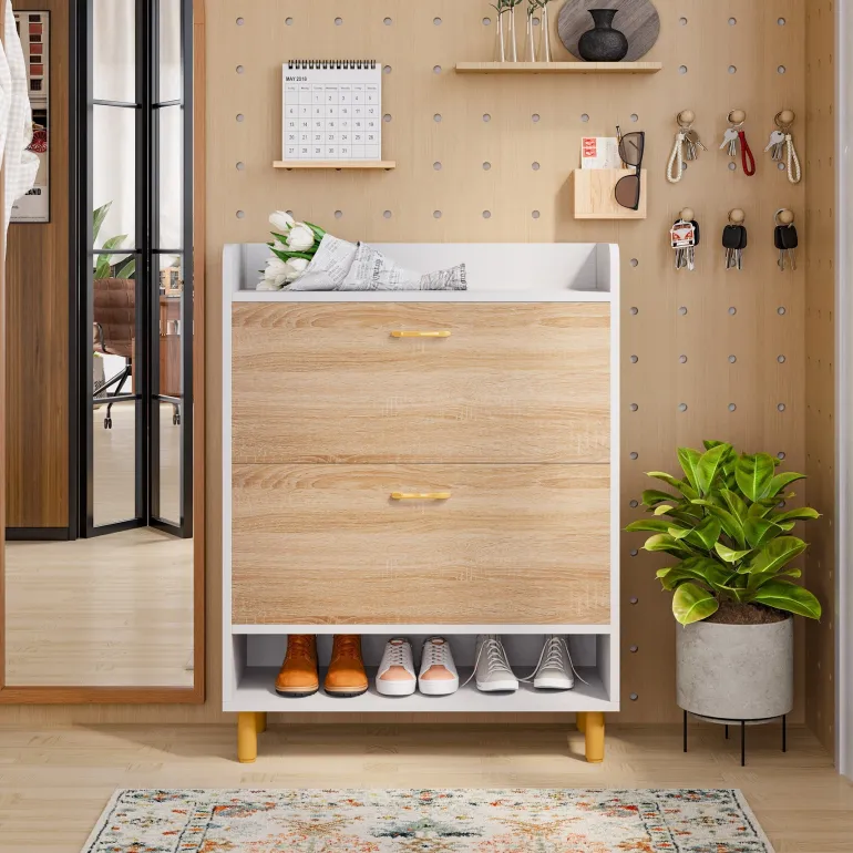 Outlet Tribesigns 2 - Tier Shoe Cabinet Shoe Organizer with Flip Doors & Open Shelves