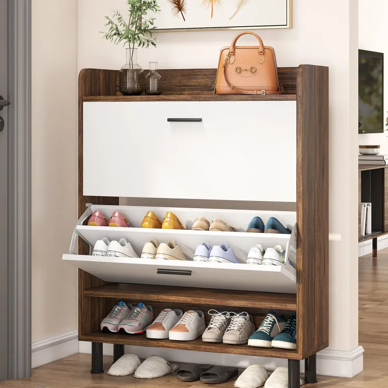 Outlet Tribesigns 2 - Tier Shoe Cabinet Shoe Organizer with Flip Doors & Open Shelves