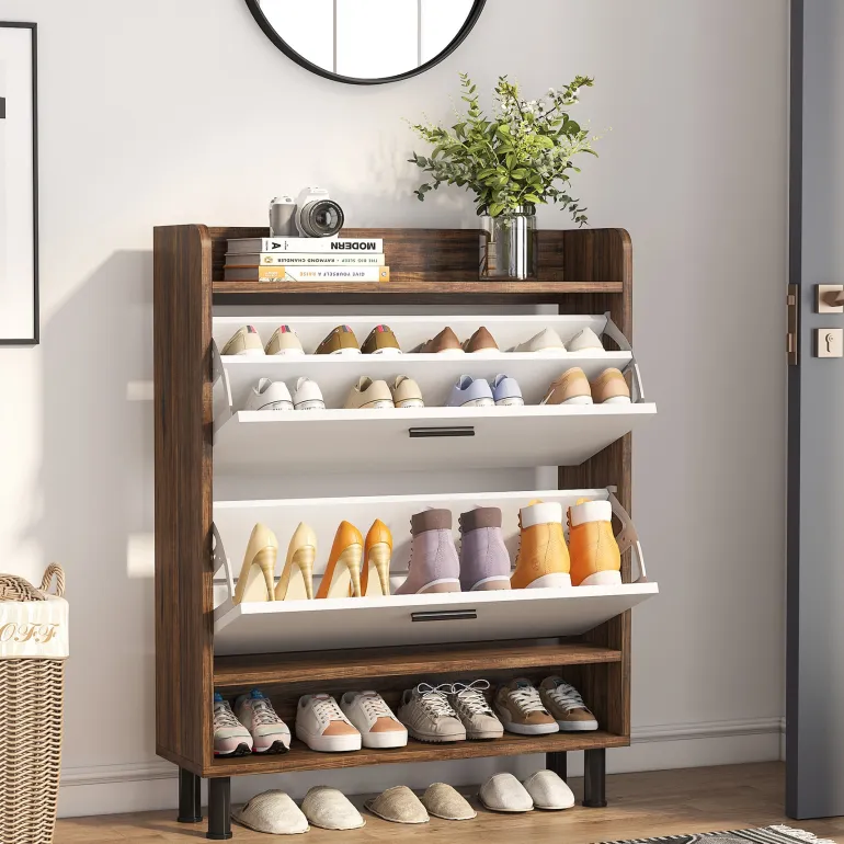 Outlet Tribesigns 2 - Tier Shoe Cabinet Shoe Organizer with Flip Doors & Open Shelves