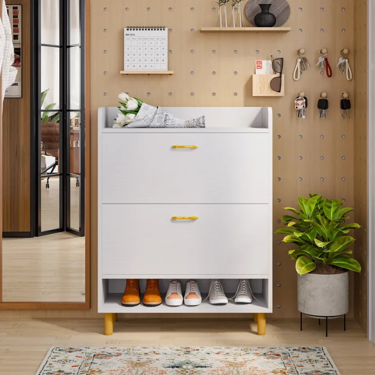 Outlet Tribesigns 2 - Tier Shoe Cabinet Shoe Organizer with Flip Doors & Open Shelves