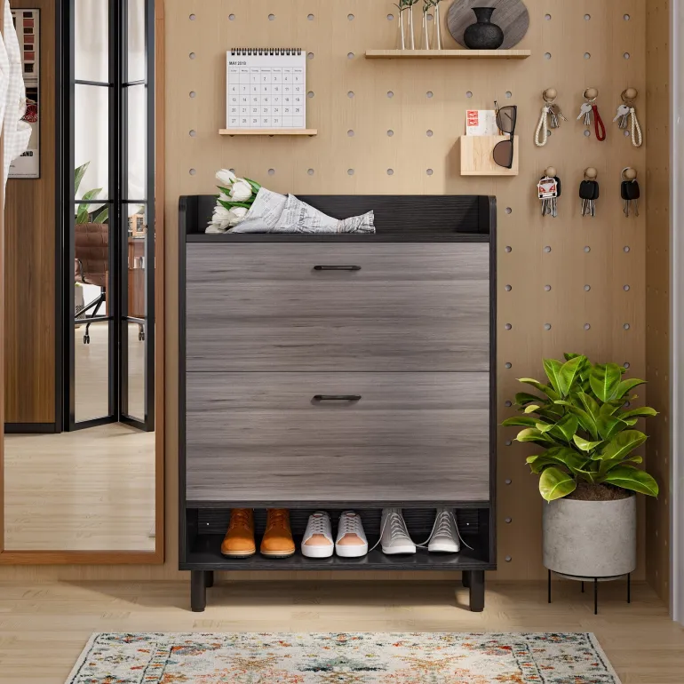 Outlet Tribesigns 2 - Tier Shoe Cabinet Shoe Organizer with Flip Doors & Open Shelves