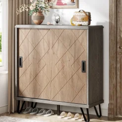 Fashion Tribesigns 5 - Tier Shoe Cabinet with Sliding Doors, Wood Shoe Organizer with Metal Legs