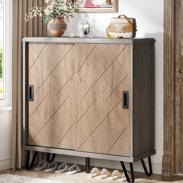 Fashion Tribesigns 5 - Tier Shoe Cabinet with Sliding Doors, Wood Shoe Organizer with Metal Legs