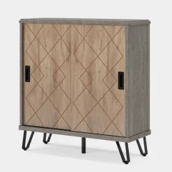 Fashion Tribesigns 5 - Tier Shoe Cabinet with Sliding Doors, Wood Shoe Organizer with Metal Legs