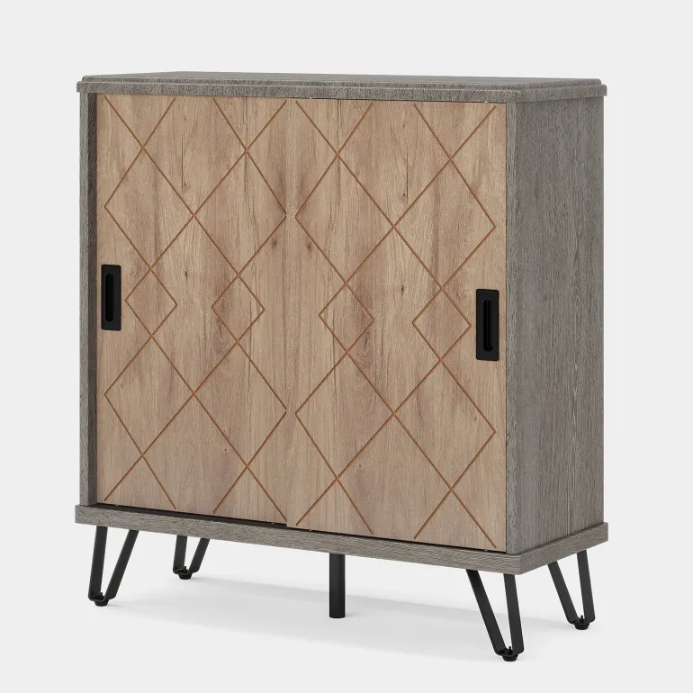 Fashion Tribesigns 5 - Tier Shoe Cabinet with Sliding Doors, Wood Shoe Organizer with Metal Legs