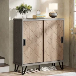 Fashion Tribesigns 5 - Tier Shoe Cabinet with Sliding Doors, Wood Shoe Organizer with Metal Legs