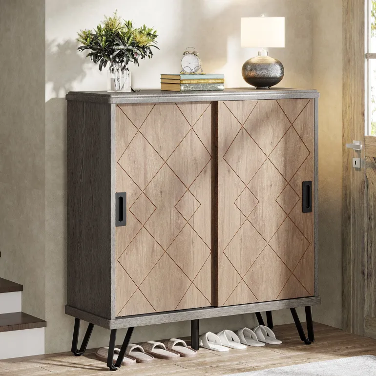 Fashion Tribesigns 5 - Tier Shoe Cabinet with Sliding Doors, Wood Shoe Organizer with Metal Legs