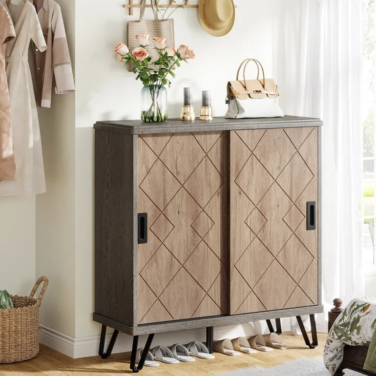 Fashion Tribesigns 5 - Tier Shoe Cabinet with Sliding Doors, Wood Shoe Organizer with Metal Legs
