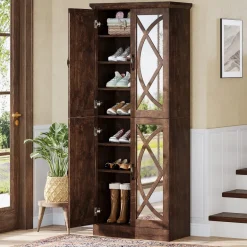 Best Tribesigns 8 - Tier Shoe Rack, Vintage Shoe Storage Cabinet With 4 Mirrored Doors