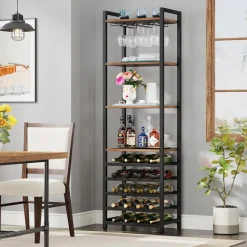 Store Tribesigns 9 - Tier Wine Rack, 20 Bottle Wine Bar Cabinet with Glass Holder