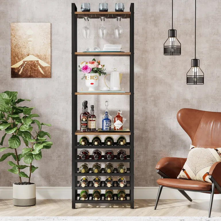 Store Tribesigns 9 - Tier Wine Rack, 20 Bottle Wine Bar Cabinet with Glass Holder