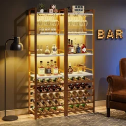 Store Tribesigns 9 - Tier Wine Rack, 20 Bottle Wine Bar Cabinet with Glass Holder