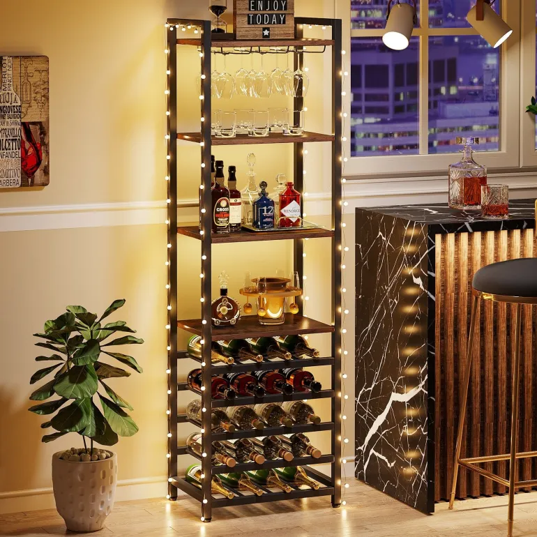 Store Tribesigns 9 - Tier Wine Rack, 20 Bottle Wine Bar Cabinet with Glass Holder