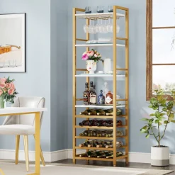Store Tribesigns 9 - Tier Wine Rack, 20 Bottle Wine Bar Cabinet with Glass Holder