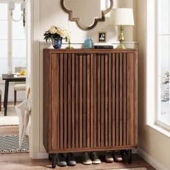 Shop Tribesigns 6 - Tier Wooden Shoe Cabinet with Louvered Doors & Adjustable Shelves