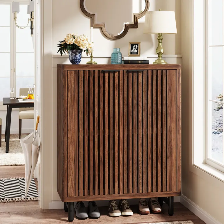 Shop Tribesigns 6 - Tier Wooden Shoe Cabinet with Louvered Doors & Adjustable Shelves