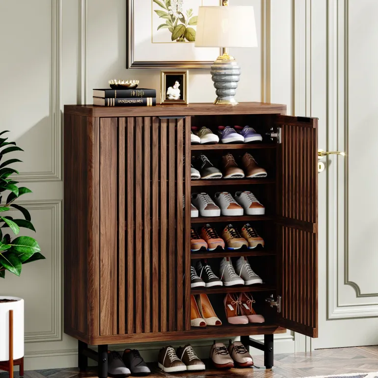 Shop Tribesigns 6 - Tier Wooden Shoe Cabinet with Louvered Doors & Adjustable Shelves