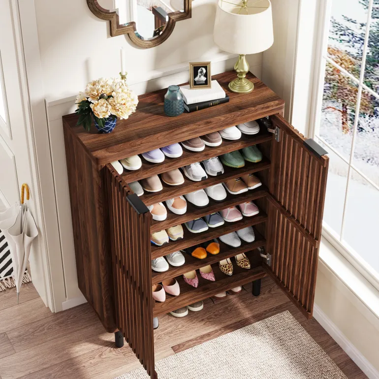 Shop Tribesigns 6 - Tier Wooden Shoe Cabinet with Louvered Doors & Adjustable Shelves