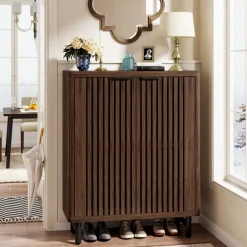 Shop Tribesigns 6 - Tier Wooden Shoe Cabinet with Louvered Doors & Adjustable Shelves