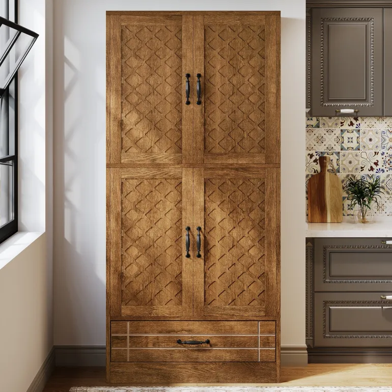 Store Tribesigns 70" Bakers' Rack, Rustic Kitchen Pantry Cabinet with Doors and Drawer