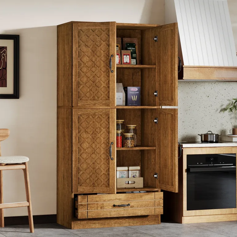 Store Tribesigns 70" Bakers' Rack, Rustic Kitchen Pantry Cabinet with Doors and Drawer