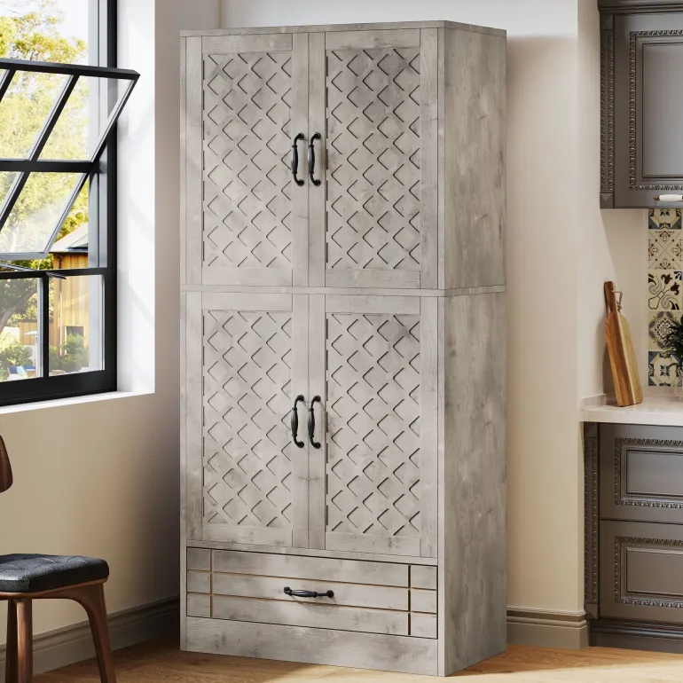 Store Tribesigns 70" Bakers' Rack, Rustic Kitchen Pantry Cabinet with Doors and Drawer