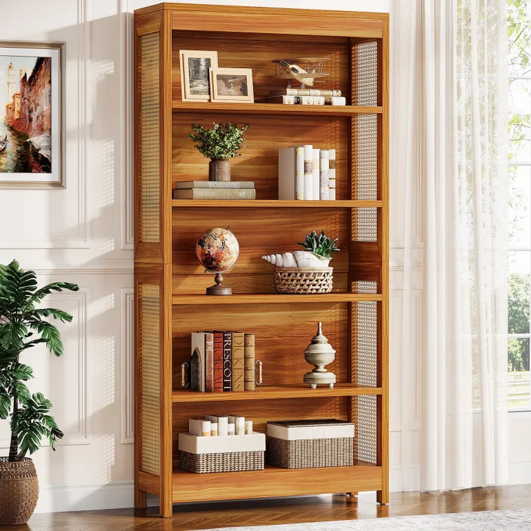 Cheap Tribesigns 71" Bookcase, 6 - Tier Bookshelf Display Shelf Etagere with Rattan Accents