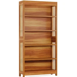 Cheap Tribesigns 71" Bookcase, 6 - Tier Bookshelf Display Shelf Etagere with Rattan Accents