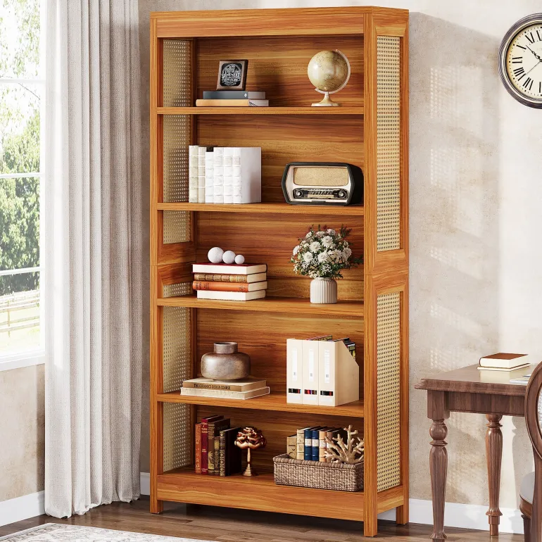 Cheap Tribesigns 71" Bookcase, 6 - Tier Bookshelf Display Shelf Etagere with Rattan Accents
