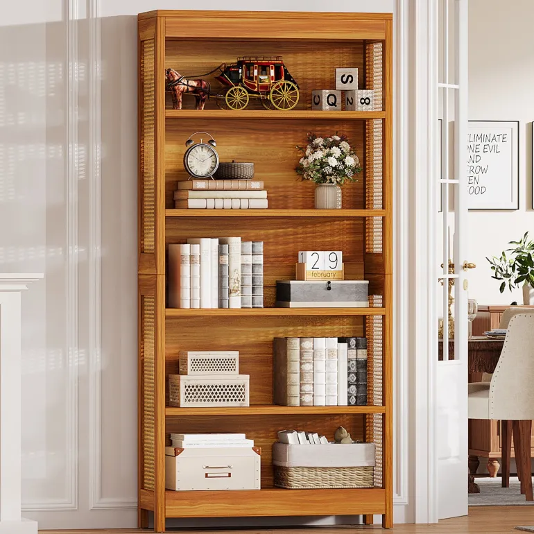 Cheap Tribesigns 71" Bookcase, 6 - Tier Bookshelf Display Shelf Etagere with Rattan Accents